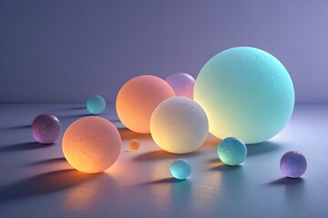 Colorful balls with gradients, glowing in orange, purple, teal, and yellow. Minimalist background with soft lighting, shadows and reflections. Abstract 3D rendering. design illustration