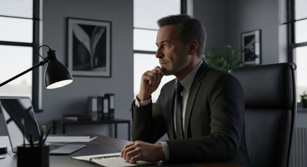Thoughtful businessman in a modern office contemplating a new project strategy