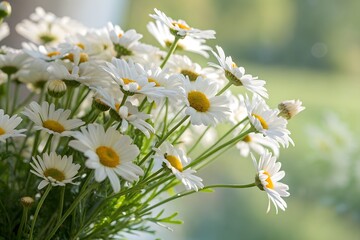 A close up shot of a vibrant white daisy with a bright yellow center with a softly blurred background or bokeh effect. design illustration