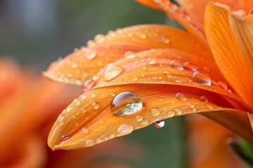 Super close up of bright orange flower petals with shimmering water droplets on a blurred background. design illustration