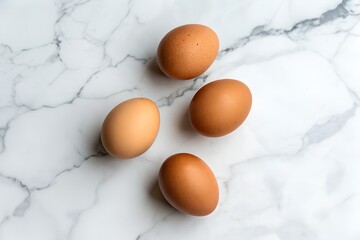Four brown eggs are illuminated by natural light against a white marble background. design illustration