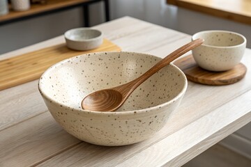 Wooden Spoon and White Speckled beige Ceramic Bowl on a Wooden Table. design illustration