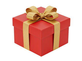 A vibrant red gift box with a golden ribbon and bow presented isolated on a transparent background isolated on transparent background
