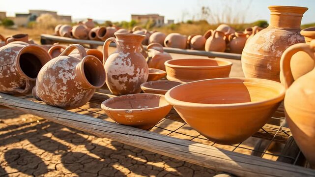 Collection of traditional, weathered terracotta pottery and amphoras drying outdoors under strong sunlight, showcasing ancient craft.