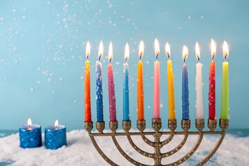 Lighted birthday candle wax photographed up close against a blue background. design illustration