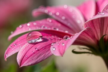 Super close up of bright pink flower petals with shimmering water droplets on a blurred background. design illustration