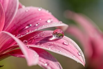 Super close up of bright pink flower petals with shimmering water droplets on a blurred background. design illustration
