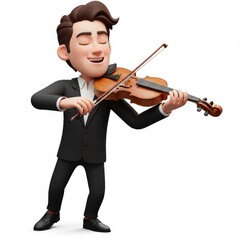 Cartoon Violinist Plays with Passion Eyes Closed in Formal Attire White Background