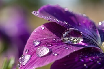 Super close up of bright purple flower petals with shimmering water droplets on a blurred background. design illustration