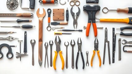 Neatly arranged tools on a white surface, showcasing a minimalist aesthetic.