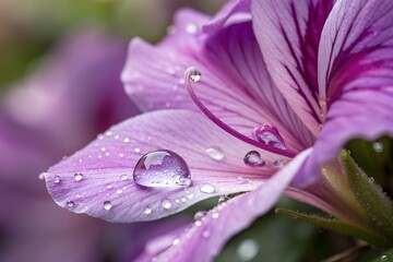 Super close up of bright purple flower petals with shimmering water droplets on a blurred background. design illustration