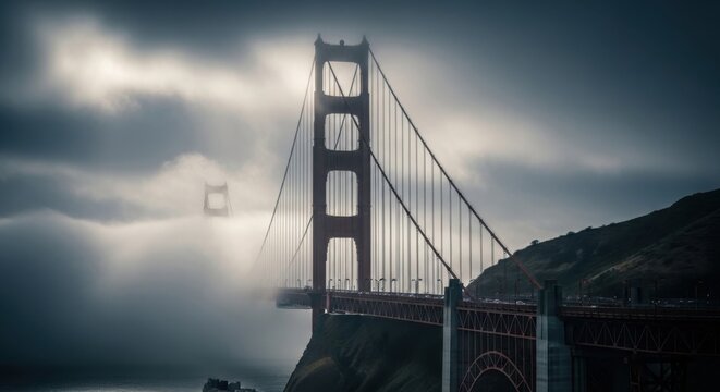 Misty morning view of the iconic Golden Gate Bridge emerging from thick fog