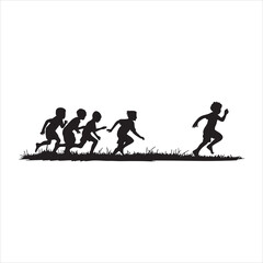Obraz premium Silhouettes of children running in a race across a grassy field towards a finish line