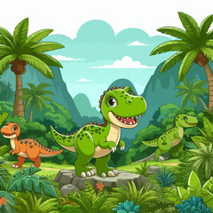 Naklejka premium Three small, friendly cartoon dinosaurs stand on a rock in a lush tropical jungle environment. A picturesque, colorful scene.