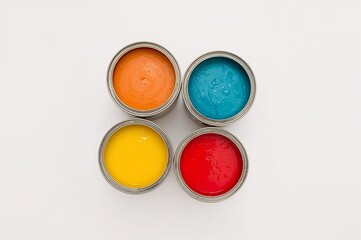 Five open paint cans in a circular arrangement on a white background