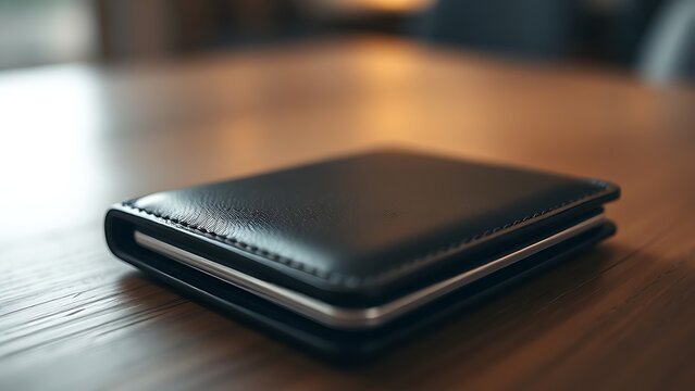 A sleek wallet lies on a wooden surface, highlighted by warm ambient lighting in a minimalist setting.