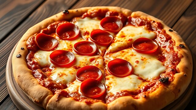 Close-up view of a pepperoni pizza with melted cheese on a rustic wooden table, evoking warmth.