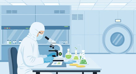 Scientist in protective suit at microscope in lab with beakers