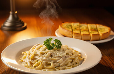 Fototapeta premium A delicious plate of steaming fettuccine alfredo topped with fresh parsley and grated parmesan cheese, accompanied by a side of golden, crispy garlic bread. The dish is presented on a restaurant table