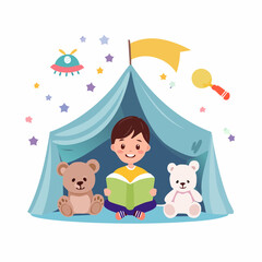 A happy little boy reads a book inside a blue play tent with his two teddy bears.