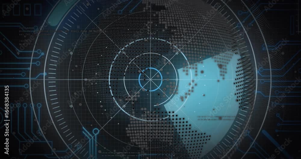 Poster after matrix globe fading in scanning beam spinning overlay pulsing circuits animating data scan