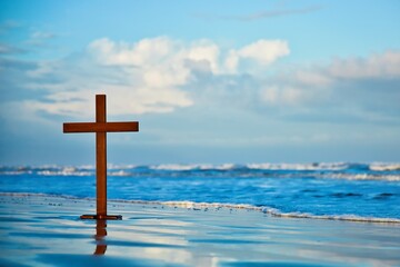 Wooden Cross On Beach Morning Storm Cloud Sky