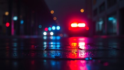 Glowing red and blue emergency lights reflecting on wet pavement in dramatic night scene.