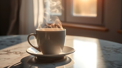 Steaming coffee cup on a marble table, morning sunlight highlighting the rising vapor and warmth.