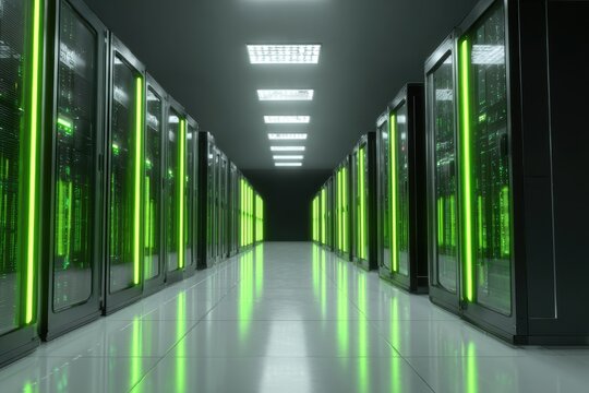 Server room interior with rows of computer racks