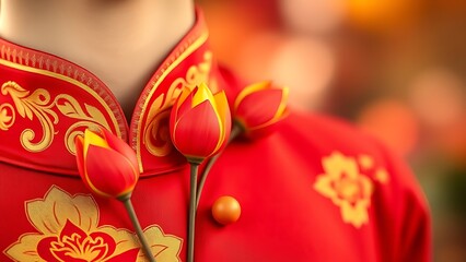 Traditional ao dai collar with golden embroidery and lotus buds, showcasing patriotic colors.