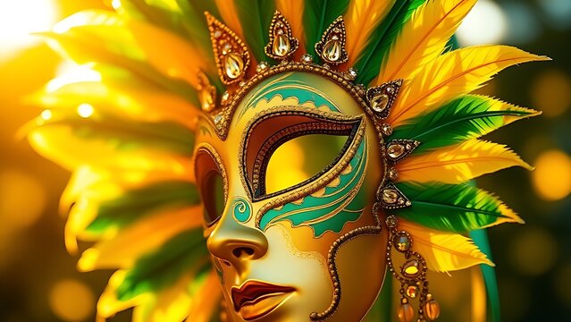 Golden-green feathered carnival mask with gemstones, representing Brazil Independence Day's festive luxury. - Powered by Adobe