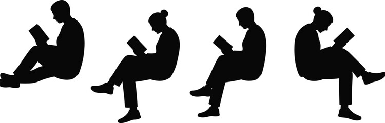 Silhouettes of women reading books, seated in various poses, quiet lifestyle activity, education theme, peaceful moment, stylish creative illustration