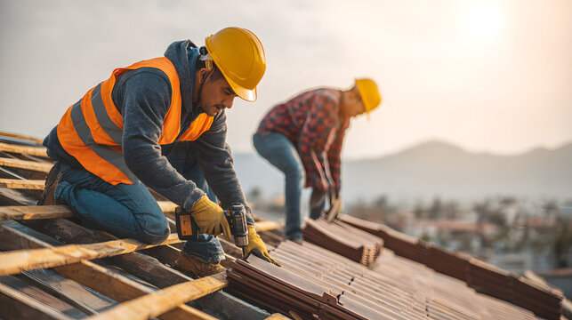 Construction worker on a roof building a house