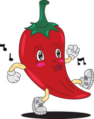 Walking funny red pepper with arms, legs and eyes whistles a melody. Funny cartoon character.