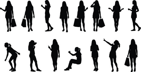 Silhouette collection of women shopping, pointing, standing, gesturing, lifestyle poses, fashion concept, expressive movement, stylish female illustrationSilhouette collection of women shopping, 
