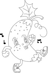 Walking, funny cucumber with arms, legs and eyes whistling a melody, with leaves on his head. Funny cartoon character. Outline drawing.