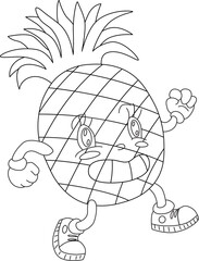 Walking funny grinning smiling pineapple with arms, legs and eyes, with leaves on top of its head. Funny cartoon character. Contour drawing