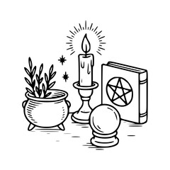 occult ritual setup  with candle, cauldron, and magic elements