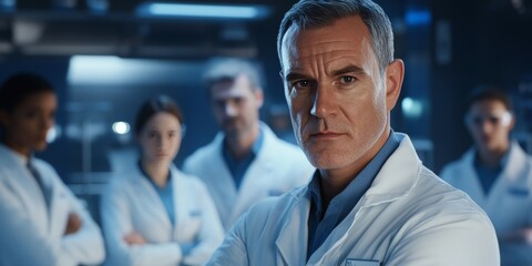 Fototapeta premium Man in white lab coat standing with stern expression, commanding attention from group of people in a laboratory setting.