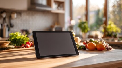 Tablet on kitchen counter with fresh produce and sunlight