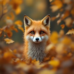 A Majestic Red Fox Peeking Through Autumn Foliage in a Forest