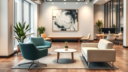 Minimalist coworking space with abstract art and clean modern design, bathed in soft ambient light.