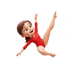 Cheerful Cartoon Gymnast in MidAir Red Leotard Isolated on White Background