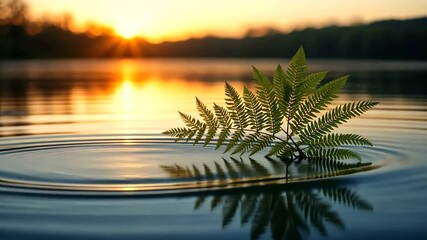 Serene sunset over a tranquil lake with a fern leaf resting on water, ripples expanding outward - Powered by Adobe