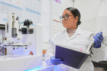 Scientist from the Dominican Republic observes the progress of a working 3D printer in her research lab, wearing a lab coat and focused on the advanced equipment