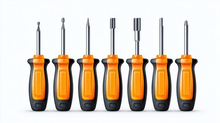 Eight precision screwdrivers with diverse tips, orange and black handles, arranged in a neat row against a white background, showcasing their metallic shafts