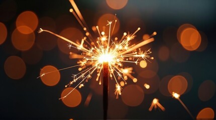 Sparkler Firework Shooting Bright Orange and White Sparks in Dark Night Sky for Celebration