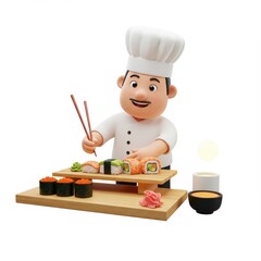 Cheerful Cartoon Sushi Chef Preparing Delicious Rolls