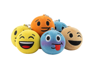 A collection of happy and playful emoji plush toys with various expressions isolated on transparent background