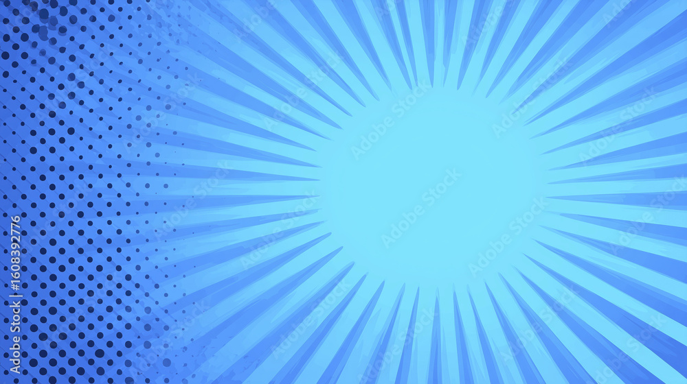 Poster bright blue radial burst background with halftone dots on the left side, creating a vibrant and dyna